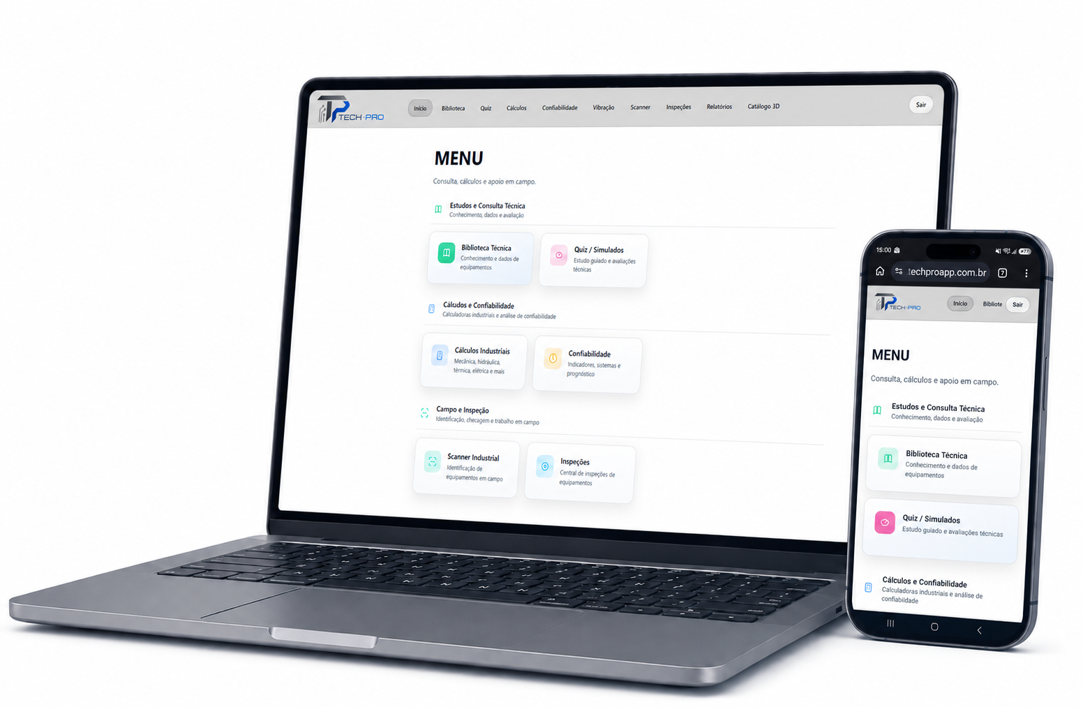 Dashboard real do TECH-PRO aberto em um notebook e sua interface móvel exibida no celular
